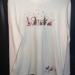 White Stag Cream Holiday Embroidered Sweatshirt with Colorful Accents
